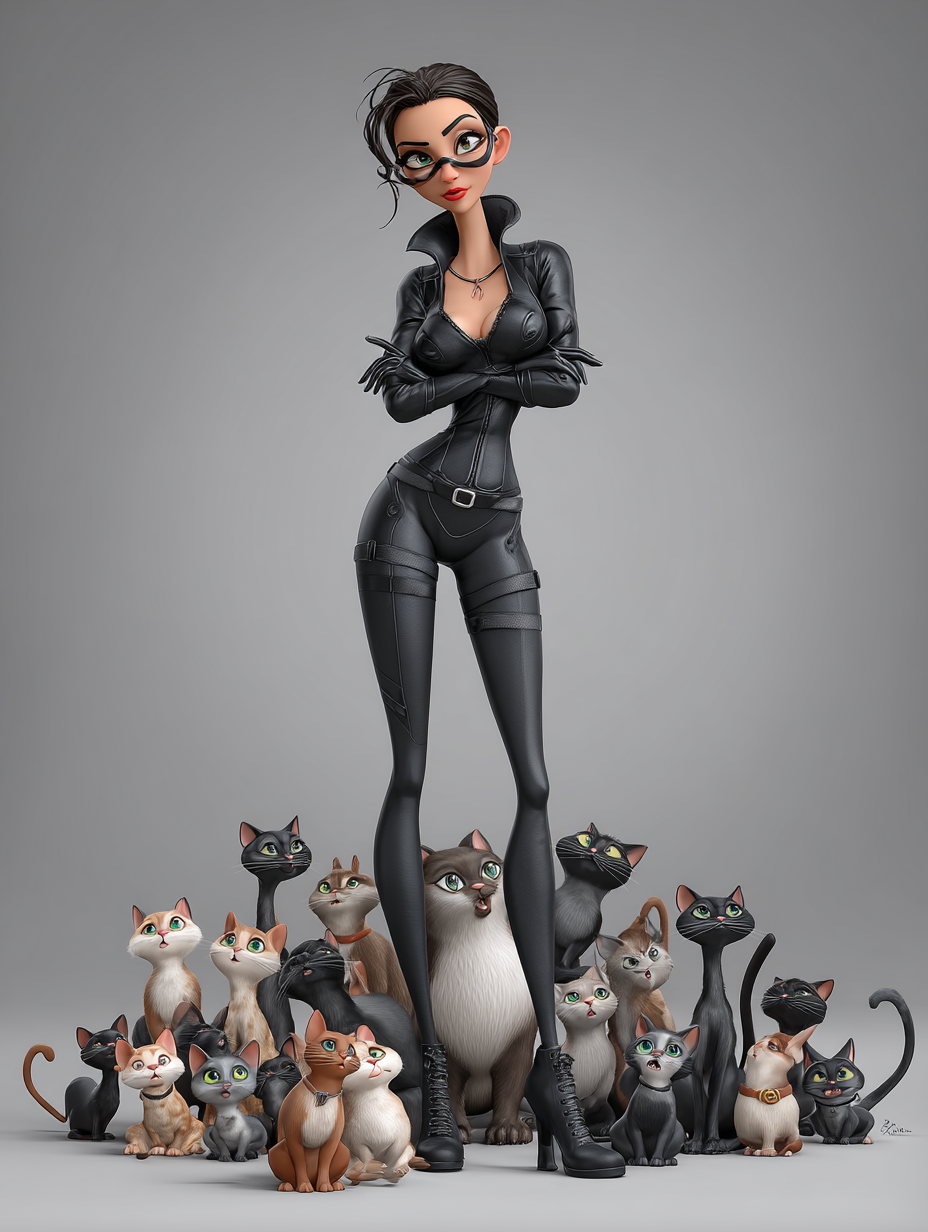 3D Karikatur Frau mit Katzen